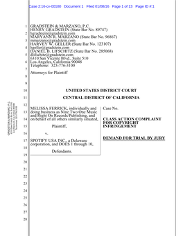 Ferrick V Spotify Complaint (Filed 1-8-16)-1