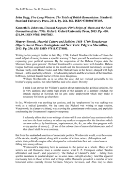 John Bugg, Five Long Winters: the Trials of British Romanticism. Stanford: Stanford University Press, 2014. Pp. 264. $60. ISBN 9780804785105
