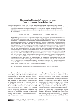 Reproductive Biology of Pleurodema Guayapae (Anura: Leptodactylidae: Leiuperinae)