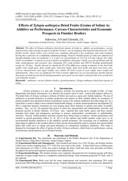 Effects of Xylopia Aethiopica Dried Fruits (Grains of Selim) As Additive on Performance, Carcass Characteristics and Economic Prospects in Finisher Broilers