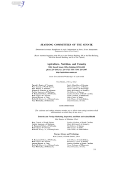 STANDING COMMITTEES of the SENATE Agriculture, Nutrition, And