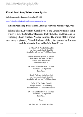 Khaali Peeli Song Tehas Nehas Lyrics - 09-15-2020 by Guitarchords.In - Guitarchords