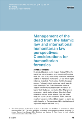 Management of the Dead from the Islamic Law and International Humanitarian Law Perspectives
