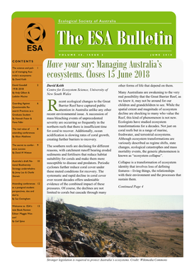 Managing Australia's Ecosystems. Closes 15 June 2018