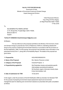 No.IA-J-11011/301/2018-IA-II(I) Goverment of India Minister of Enviroment,Forest and Climate Change Impact Assessment Division ***
