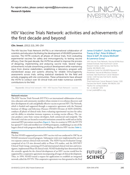 HIV Vaccine Trials Network: Activities and Achievements of the First Decade and Beyond