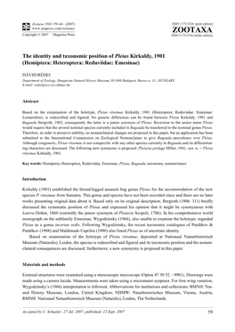 Zootaxa,The Identity and Taxonomic Position of Pleias Kirkaldy, 1901