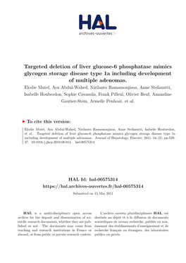 Targeted Deletion of Liver Glucose-6 Phosphatase Mimics Glycogen Storage Disease Type 1A Including Development of Multiple Adenomas