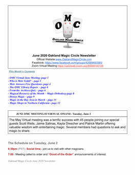 June 2020 Oakland Magic Circle Newsletter the May Virtual Meeting