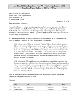 Than 300 State Legislators from All 50 States Sign Letter to USTR Lighthizer Urging the End of ISDS in NAFTA