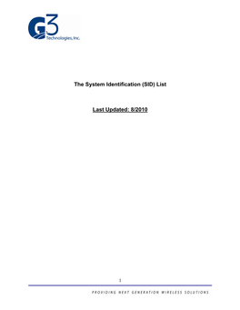 The System Identification (SID) List Last Updated: 8/2010