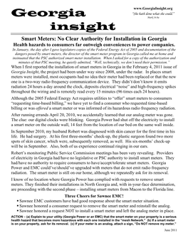 Smart Meters: No Clear Authority for Installation in Georgia Health Hazards to Consumers Far Outweigh Conveniences to Power Companies