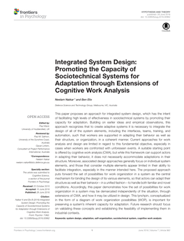 Integrated System Design: Promoting the Capacity of Sociotechnical Systems for Adaptation Through Extensions of Cognitive Work Analysis