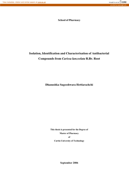 Isolation, Identification and Characterisation of Antibacterial Compounds from Carissa Lanceolata R.Br