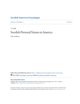 Swedish Personal Names in America Folke Hedblom