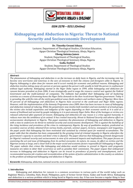 Kidnapping and Abduction in Nigeria: Threat to National Security and Socioeconomic Development