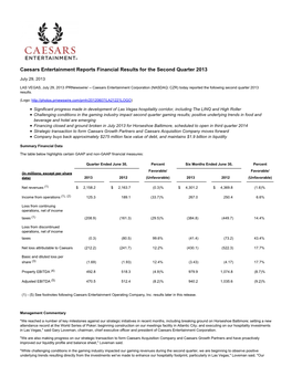 Caesars Entertainment Reports Financial Results for the Second Quarter 2013