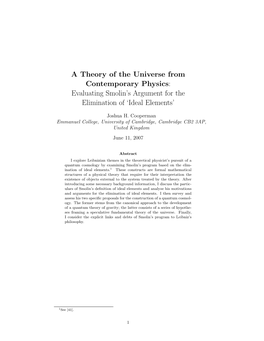 A Theory of the Universe from Contemporary Physics: Evaluating Smolin’S Argument for the Elimination of ‘Ideal Elements’