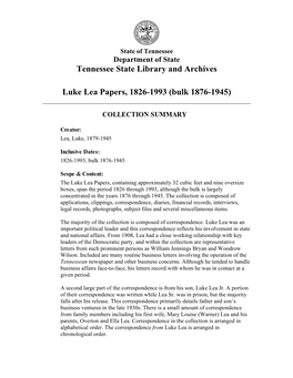 Tennessee State Library and Archives Luke Lea Papers, 1826-1993 (Bulk 1876-1945)