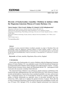 Diversity of Enchytraeidae (Annelida: Clitellata) in Habitats Within the Magnesian Limestone Plateau of County Durham, U.K