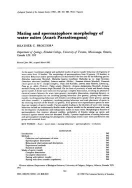 Mating and Spermatophore Morphology of Water Mites (Acari: Parasitengona)