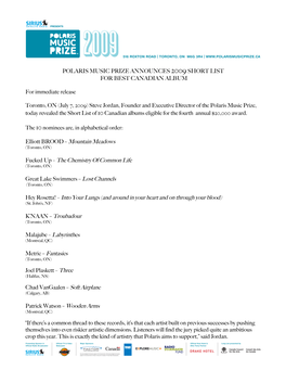 2009 Short List Media Release