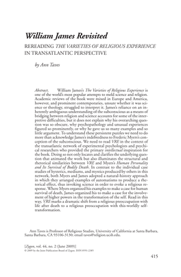 William James Revisited REREADING the VARIETIES of RELIGIOUS EXPERIENCE in TRANSATLANTIC PERSPECTIVE