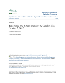 Toni Rinde Oral History Interview by Carolyn Ellis, October 7, 2010 Toni Rinde (Interviewee)