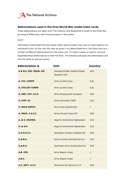 Abbreviations Used in the First World War Medal Index Cards