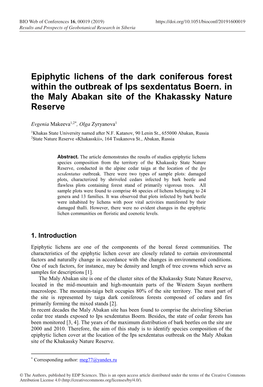 Epiphytic Lichens of the Dark Coniferous Forest Within the Outbreak of Ips Sexdentatus Boern. in the Maly Abakan Site of the Khakassky Nature Reserve