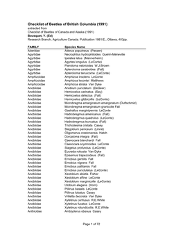 Checklist of Beetles of British Columbia (1991) Extracted from Checklist of Beetles of Canada and Alaska (1991) Bousquet, Y