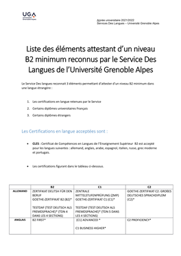 Liste Des Éléments Attestant D'un Niveau B2 Minimum Reconnus Par