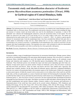 Taxonomic Study and Identification Character of Freshwater Prawn Macrobrachium Assamense Peninsulare (Tiwari, 1958) in Garhwal Region of Central Himalaya, India