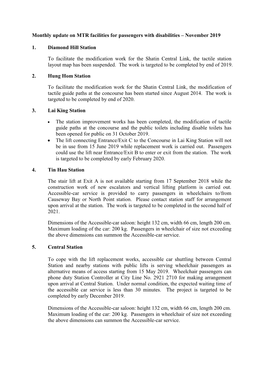 Monthly Update on MTR Facilities for Passengers with Disabilities – November 2019 1. Diamond Hill Station to Facilitate the Mo