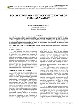 Social Linguistic Study of the Toponyms of Ferghana Valley