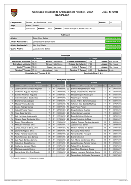 Comissão Estadual De Arbitragem De Futebol - CEAF Jogo: 53 / 2020 SÃO PAULO