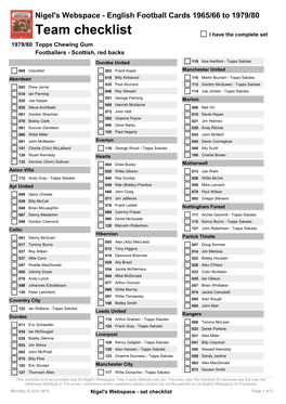 Team Checklist I Have the Complete Set 1979/80 Topps Chewing Gum Footballers - Scottish, Red Backs