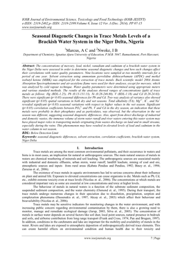 Seasonal Diagenetic Changes in Trace Metals Levels of a Brackish Water System in the Niger Delta, Nigeria