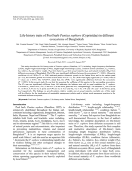 Life-History Traits of Pool Barb Puntius Sophore (Cyprinidae) in Different Ecosystems of Bangladesh