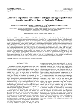 Analysis of Importance Value Index of Unlogged and Logged Peat Swamp Forest in Nenasi Forest Reserve, Peninsular Malaysia