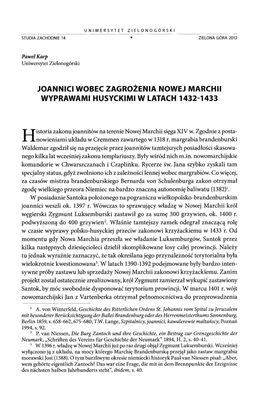 • Joannici Wobec Zagrożenia Nowej Marchii Wyprawami Husyckimi W Latach 1432-1433