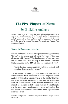 The Five 'Fingers' of Name by Bhikkhu Anālayo