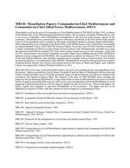 MB1/H Mountbatten Papers: Commander-In-Chief Mediterranean and Commander-In-Chief Allied Forces Mediterranean, 1952-4