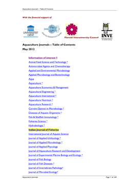 Aquaculture Journals – Table of Contents