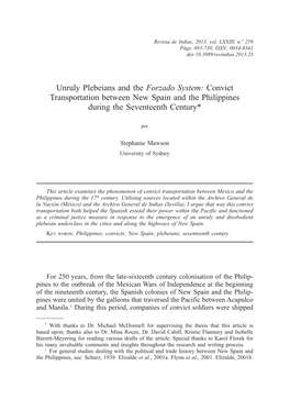 Unruly Plebeians and the Forzado System: Convict Transportation Between New Spain and the Philippines During the Seventeenth Century*