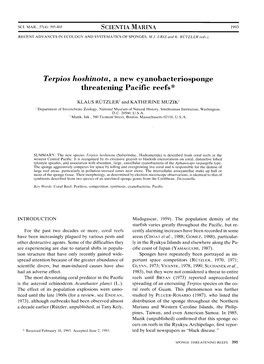 Terpios Hoshinota, a New Cyanobacteriosponge Threatening Pacific Reefs*