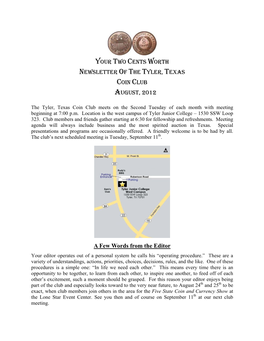 Your Two Cents Worth Newsletter of the Tyler, Texas Coin Club August, 2012
