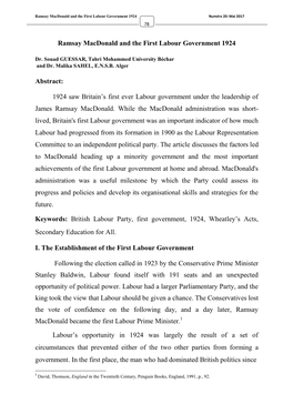 Ramsay Macdonald and the First Labour Government 1924 Abstract