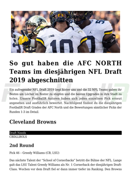 So Gut Haben Die AFC NORTH Teams Im Diesjährigen NFL Draft 2019 Abgeschnitten