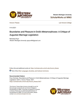 Boundaries and Pleasure in Ovid's Metamorphoses: a Critique of Augustan Marriage Legislation